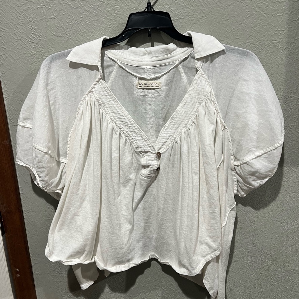 Free People White Gauze V-Neck Puff Sleeve Top Collard Flowy Cotton Size S EUC